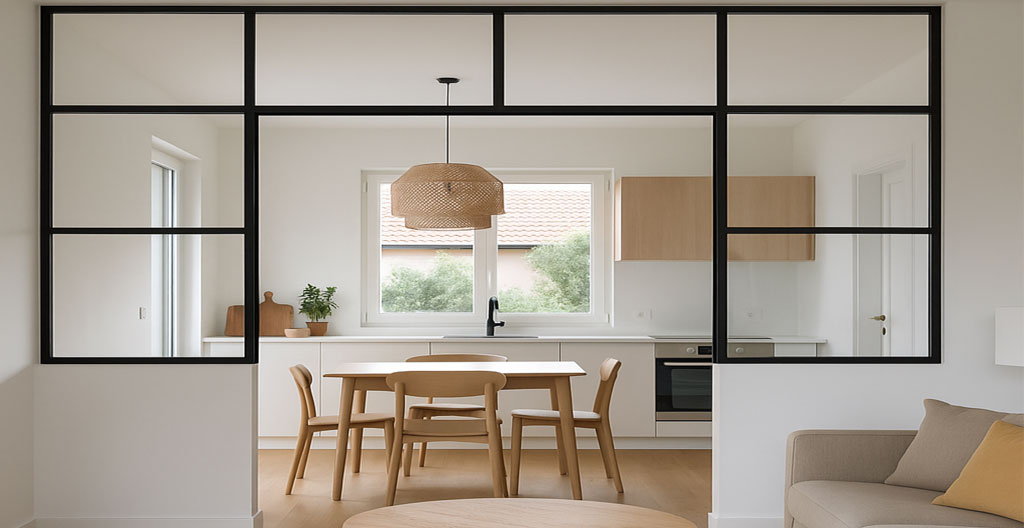Séparation cuisine-salon avec porte vitrée dans un intérieur contemporain lumineux en France