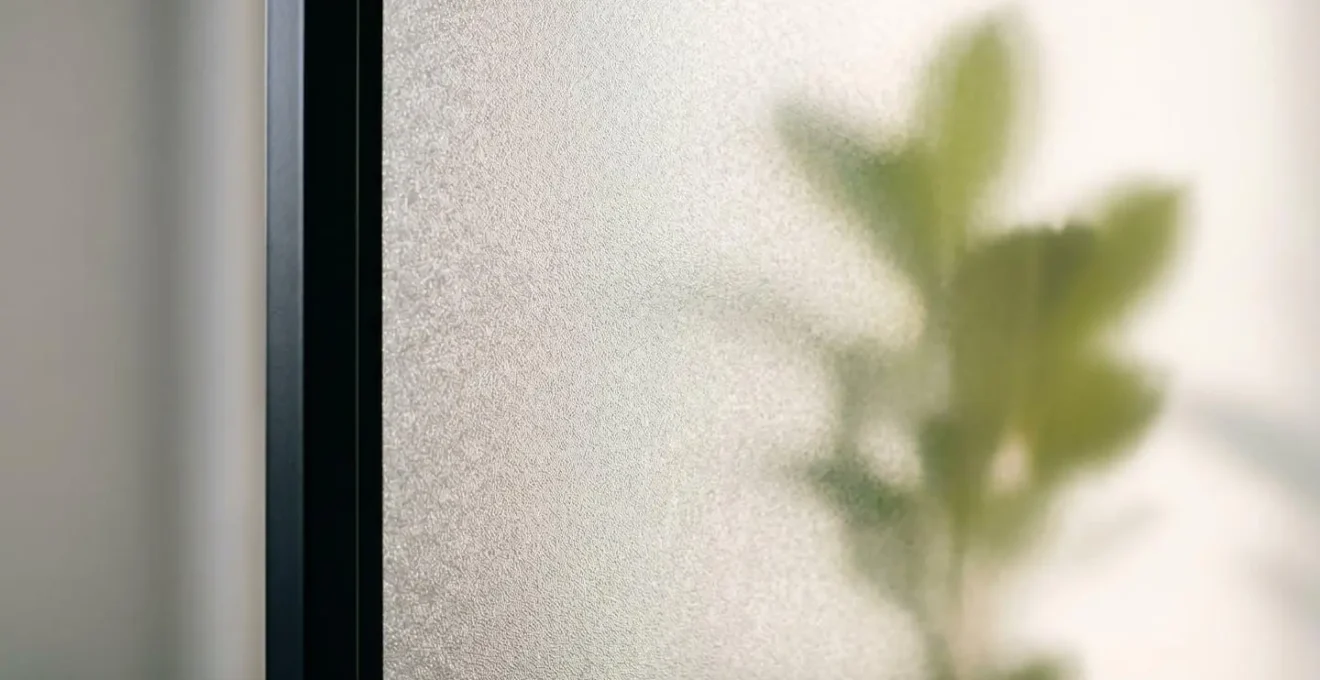 Gros plan d'un panneau de verre dépoli d'une porte intérieure avec lumière naturelle diffusée à travers la surface texturée