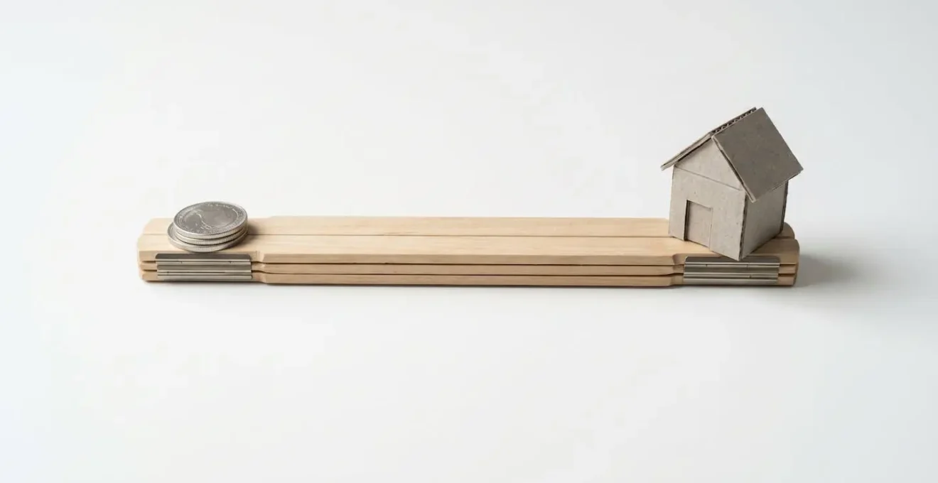 Pièces de monnaie en équilibre sur une règle de maçon à côté d'une maquette de maison, symbolisant le budget étude vs travaux.