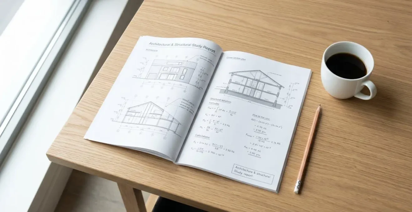 Rapport d'étude structurelle ouvert sur un bureau avec plans et calculs.