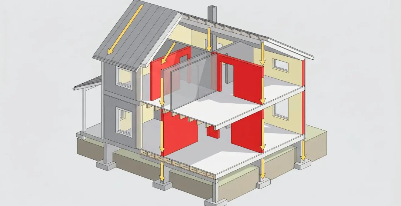 Schéma isométrique d'une maison en coupe montrant les murs porteurs en rouge et les cloisons en gris, avec flèches de descente de charges.