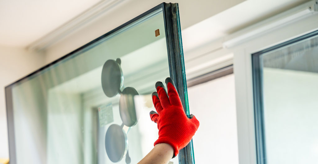 Personne de dos examinant une porte vitrée entre cuisine et salon dans un intérieur contemporain lumineux