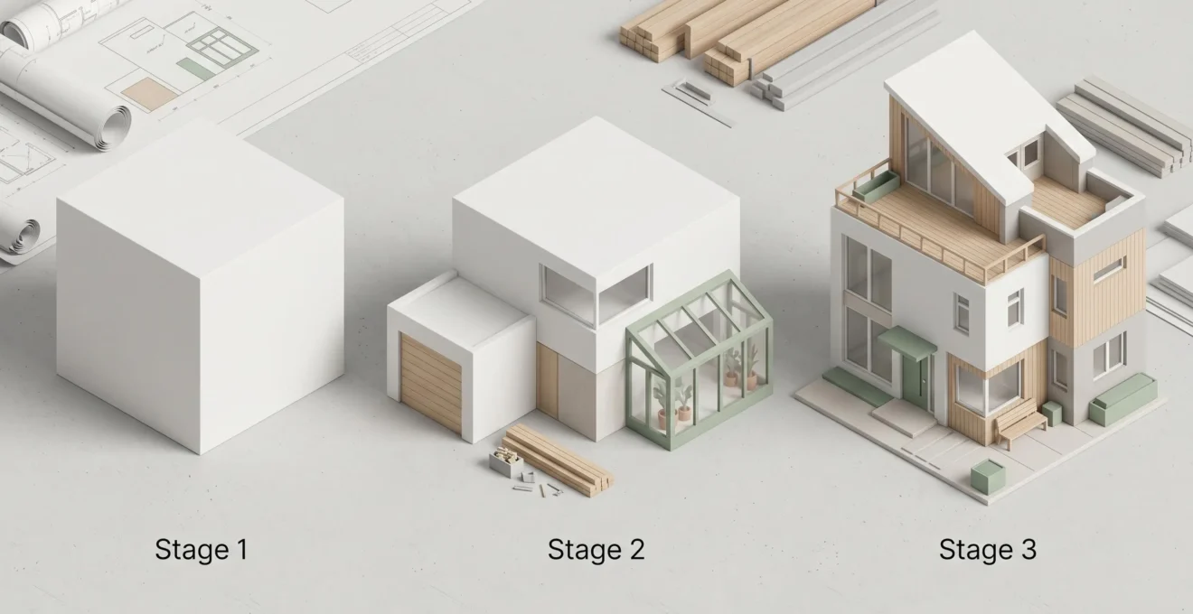 Illustration 3D isométrique montrant l'évolution d'un volume architectural de base vers une maison personnalisée en trois étapes