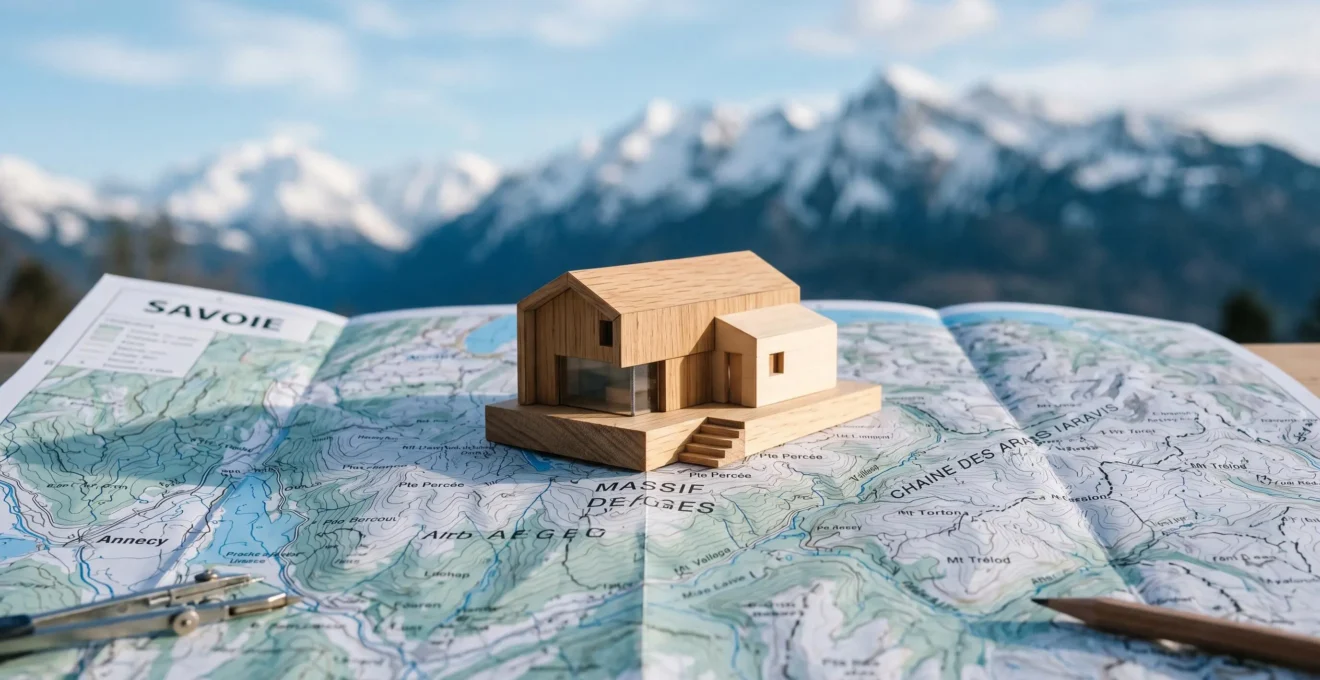Maquette architecturale en bois d'une maison contemporaine posée sur une carte topographique de Savoie avec montagnes en arrière-plan