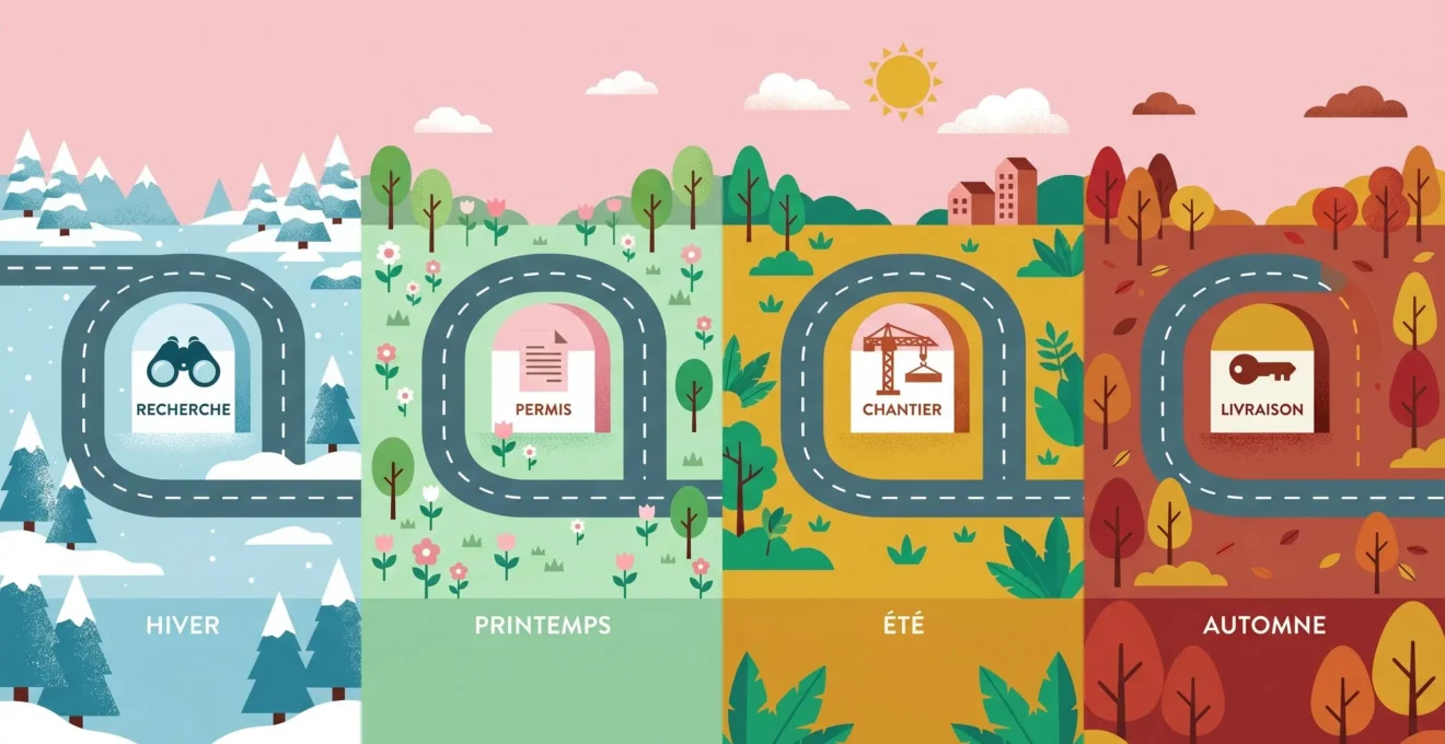 Timeline horizontale stylisée traversant quatre saisons avec pictogrammes représentant les étapes d'un projet de construction