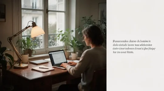 Bureau à domicile baigné de lumière naturelle avec éclairage d'appoint doux, ambiance propice à la concentration sans fatigue oculaire