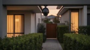 Camera de surveillance fixee sous le toit d'une maison, orientee vers le jardin et non vers la rue, illustrant une installation respectueuse de la vie privee