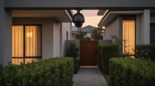 Camera de surveillance fixee sous le toit d'une maison, orientee vers le jardin et non vers la rue, illustrant une installation respectueuse de la vie privee