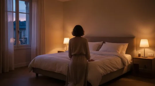 Chambre moderne baignée d'une lumière chaude et progressive émise par un éclairage connecté au crépuscule