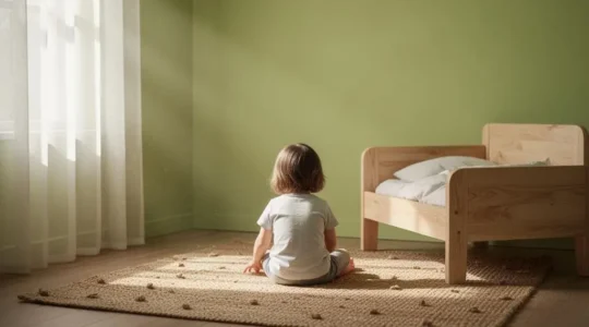 Chambre d'enfant lumineuse et apaisante après une rénovation aux matériaux naturels, symbolisant un air intérieur purifié