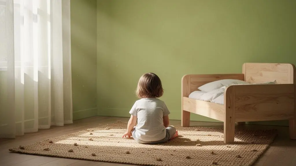 Chambre d'enfant lumineuse et apaisante après une rénovation aux matériaux naturels, symbolisant un air intérieur purifié