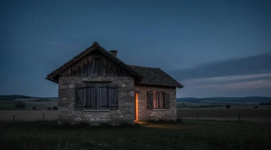 Vue exterieure d'une maison secondaire isolee sous un ciel large, symbolisant la surveillance a distance et la vigilance face aux risques de fuite d'eau