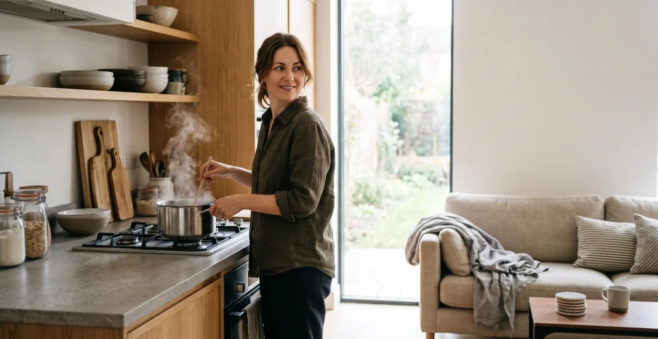 Séjour lumineux où la cuisine ouverte se fond dans le salon, créant un lieu de vie convivial sans cloison