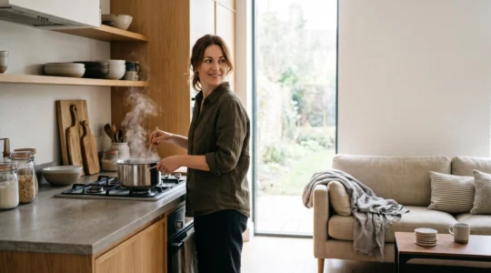 Séjour lumineux où la cuisine ouverte se fond dans le salon, créant un lieu de vie convivial sans cloison