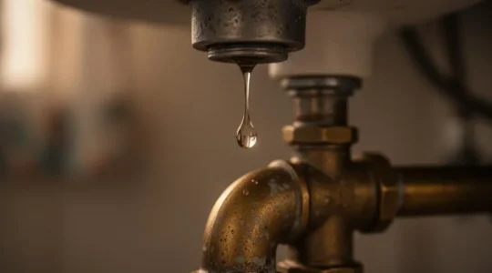 Goutte d'eau suspendue au-dessus d'un raccord de tuyauterie ancien, symbolisant la détection précoce d'une fuite avant un dégât des eaux coûteux