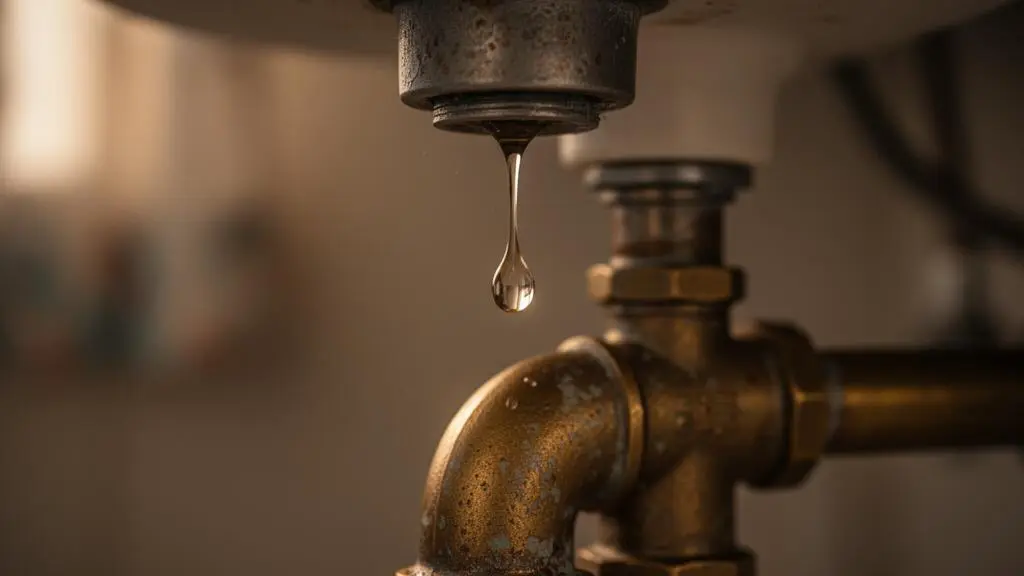 Goutte d'eau suspendue au-dessus d'un raccord de tuyauterie ancien, symbolisant la détection précoce d'une fuite avant un dégât des eaux coûteux