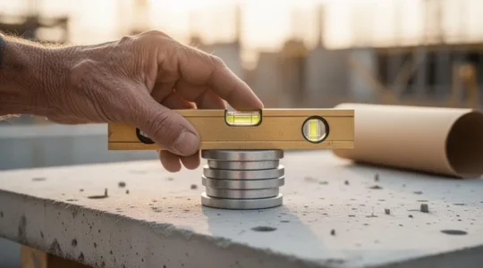 Niveau a bulle en equilibre parfait sur une pile de jetons metalliques sur un chantier de construction