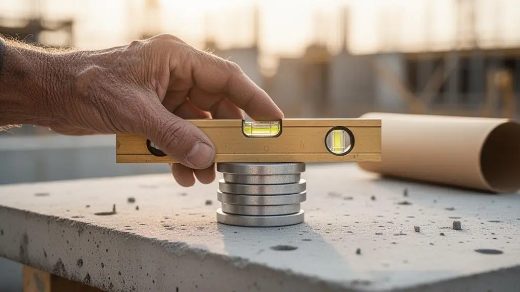Niveau a bulle en equilibre parfait sur une pile de jetons metalliques sur un chantier de construction