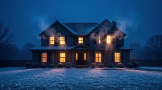 Maison au crepuscule laissant echapper de la chaleur et de la vapeur par les fenetres, symbolisant le gaspillage energetique et les surcouts de chauffage