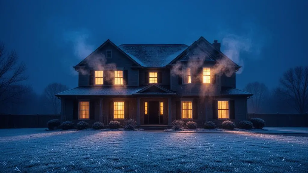 Maison au crepuscule laissant echapper de la chaleur et de la vapeur par les fenetres, symbolisant le gaspillage energetique et les surcouts de chauffage