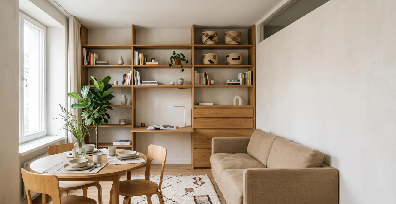 Salon lumineux d'un appartement de 50 m² optimisé avec du mobilier astucieux et des rangements intégrés, sans cloison abattue