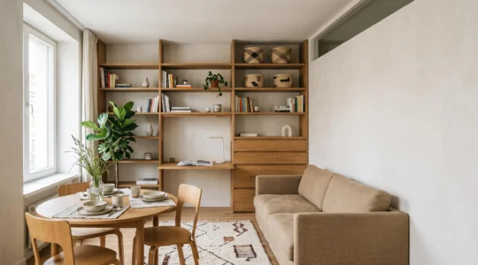 Salon lumineux d'un appartement de 50 m² optimisé avec du mobilier astucieux et des rangements intégrés, sans cloison abattue