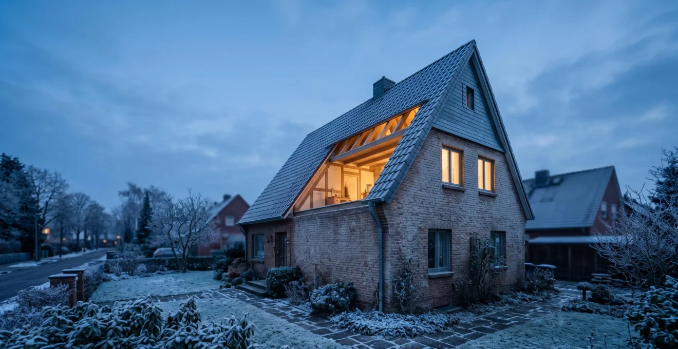 Interieur chaleureux d'une maison bien isolee contrastant avec le froid exterieur, symbole d'economies de chauffage