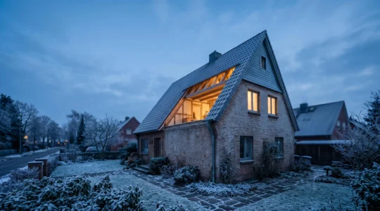 Interieur chaleureux d'une maison bien isolee contrastant avec le froid exterieur, symbole d'economies de chauffage