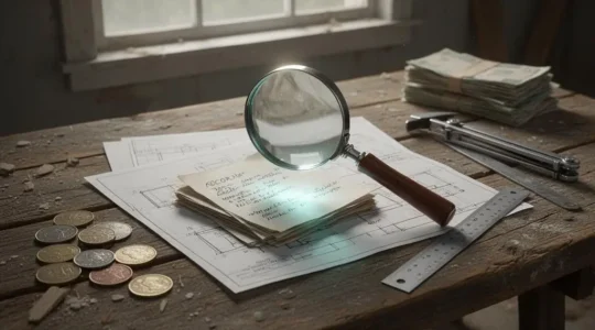 Loupe examinant une ligne surlignee au milieu d'un empilement de documents de chantier flous, symbolisant la detection d'une surfacturation cachee