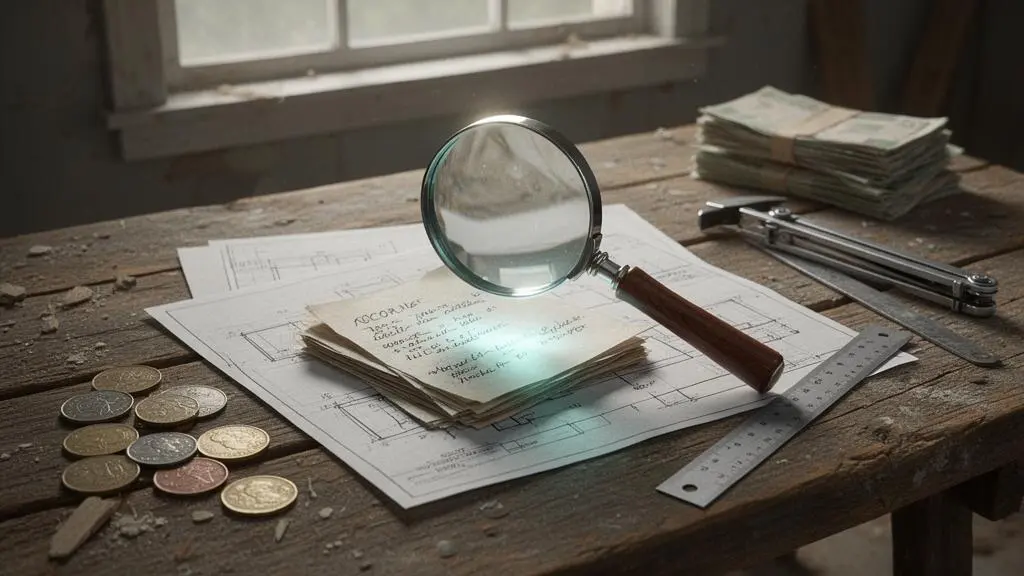 Loupe examinant une ligne surlignee au milieu d'un empilement de documents de chantier flous, symbolisant la detection d'une surfacturation cachee