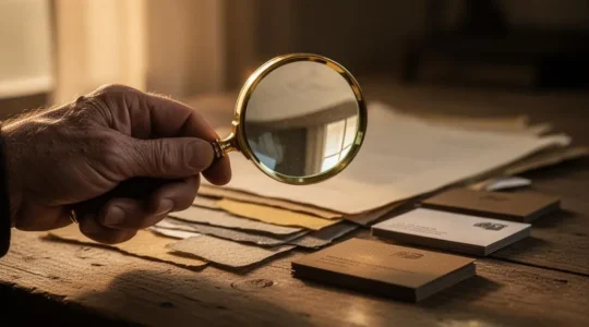 Gros plan symbolique d'une loupe examinant des documents flous representant la verification de la fiabilite d'un artisan
