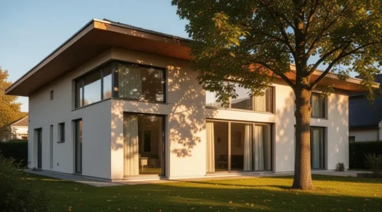 Maison contemporaine bien isolée protégée du soleil d'été par un débord de toit et un arbre à feuillage dense