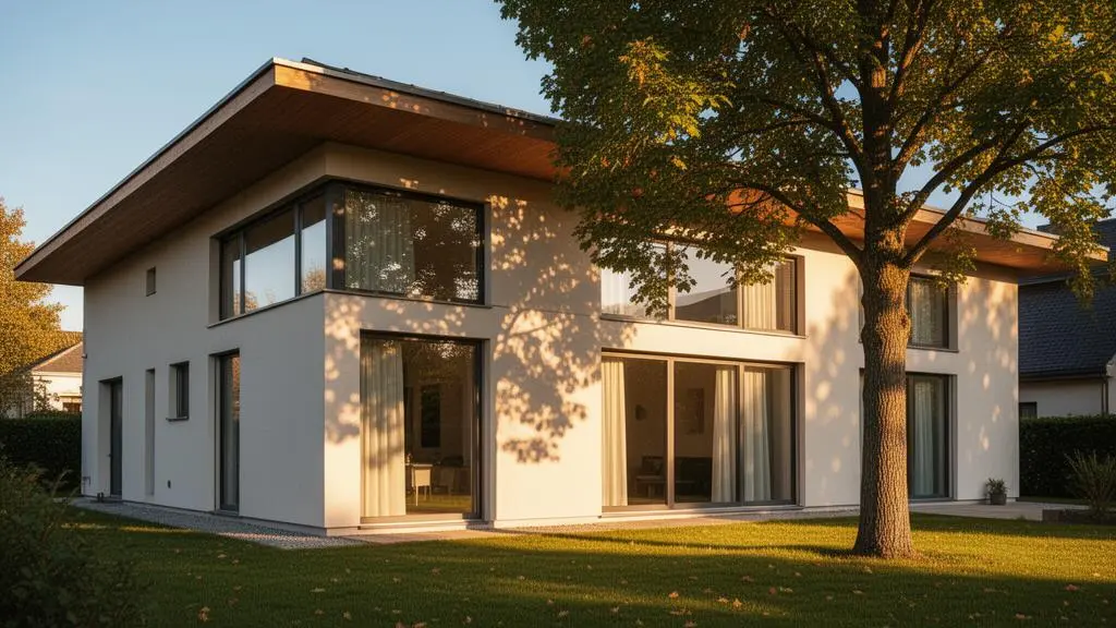 Maison contemporaine bien isolée protégée du soleil d'été par un débord de toit et un arbre à feuillage dense