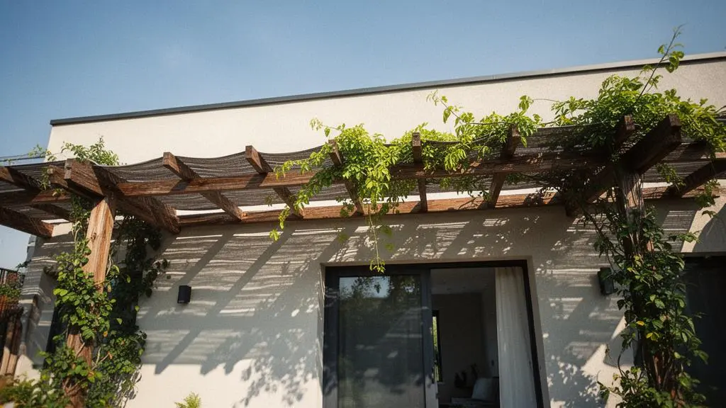 Façade d'une maison exposée plein sud protégée du soleil par des stores extérieurs, illustrant le confort thermique sans climatisation