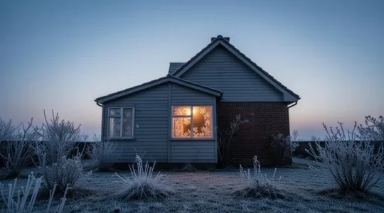 Maison au crépuscule laissant échapper une lumière chaude à travers une fenêtre givrée, symbolisant les pertes de chaleur dues aux défauts d'étanchéité à l'air