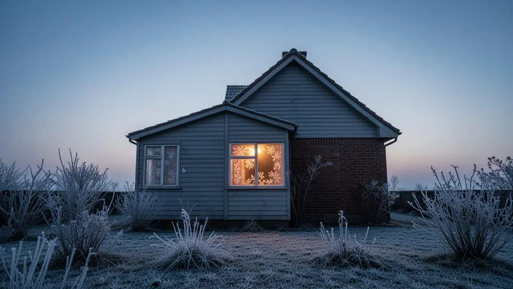 Maison au crépuscule laissant échapper une lumière chaude à travers une fenêtre givrée, symbolisant les pertes de chaleur dues aux défauts d'étanchéité à l'air
