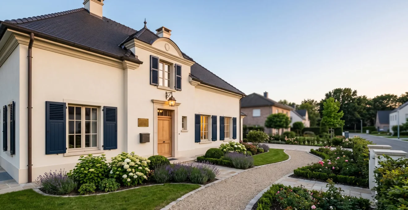 Facade d'une maison renovee avec lumiere chaude symbolisant la plus-value immobiliere apportee par des travaux cibles