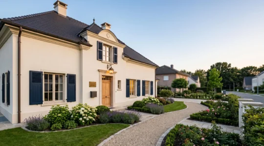 Facade d'une maison renovee avec lumiere chaude symbolisant la plus-value immobiliere apportee par des travaux cibles