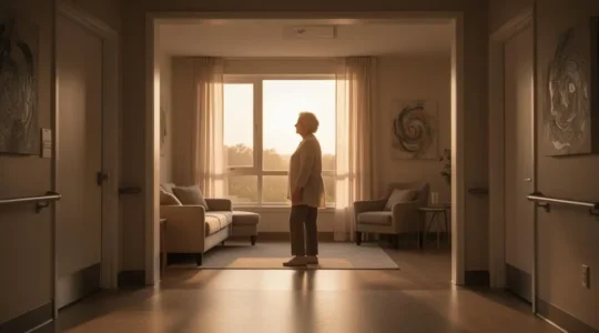 Intérieur lumineux et épuré d'une maison adaptée à une personne âgée vivant seule en toute sécurité