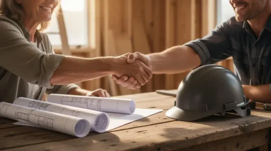 Client et artisan se serrant la main au-dessus d'un plan de chantier pour sceller un accord de négociation
