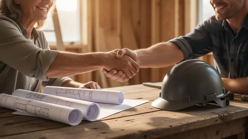 Client et artisan se serrant la main au-dessus d'un plan de chantier pour sceller un accord de négociation