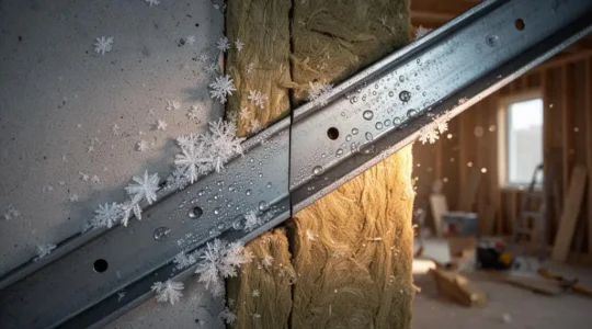 Détail architectural d'une poutre métallique traversant un mur isolé, illustrant un pont thermique dans une maison
