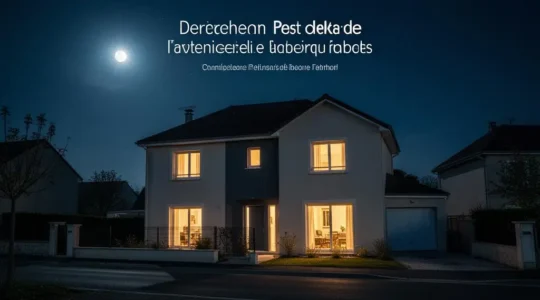 Maison de nuit avec fenêtres éclairées symbolisant la programmation des équipements électriques pendant les heures creuses