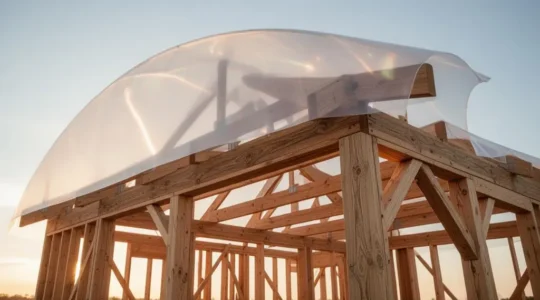 Structure de maison en construction protégée symboliquement par un dispositif translucide évoquant une couverture d'assurance