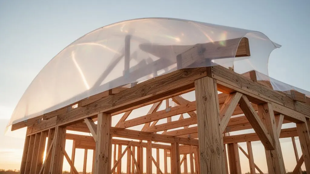 Structure de maison en construction protégée symboliquement par un dispositif translucide évoquant une couverture d'assurance