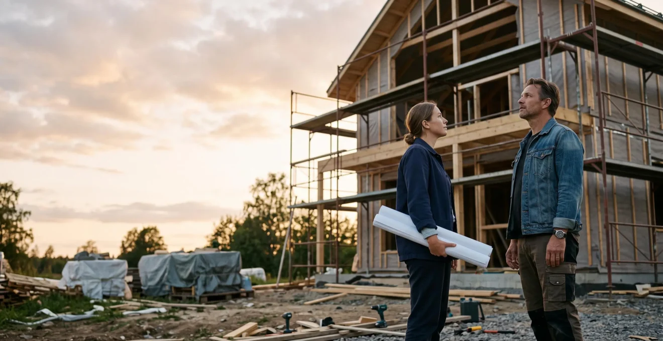 Propriétaire et architecte examinant des plans face à une maison en construction après un refus de permis