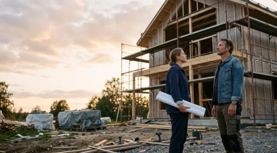 Propriétaire et architecte examinant des plans face à une maison en construction après un refus de permis