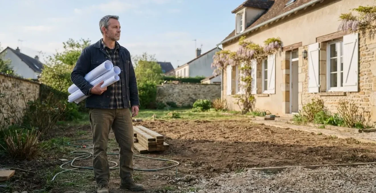 Propriétaire examinant les plans d'une extension de maison face à un jardin, symbolisant le risque de refus de permis de construire