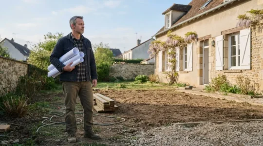 Propriétaire examinant les plans d'une extension de maison face à un jardin, symbolisant le risque de refus de permis de construire
