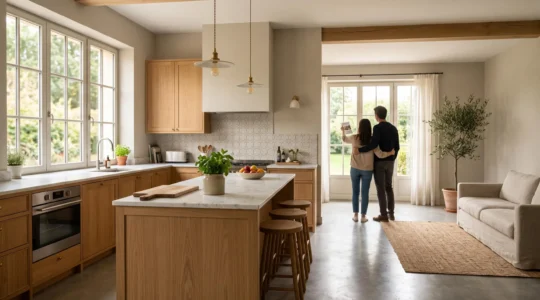 Intérieur rénové lumineux illustrant la valorisation d'un bien immobilier grâce à des travaux ciblés